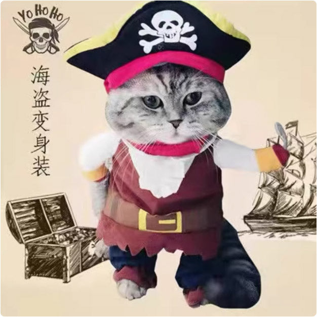 面白い海賊風変身衣装(立ち姿用)。犬・猫用ペット衣装で、テディ、ビビ、ボメラニア、柴犬、コーギーなどの小型犬に適したサイズ。