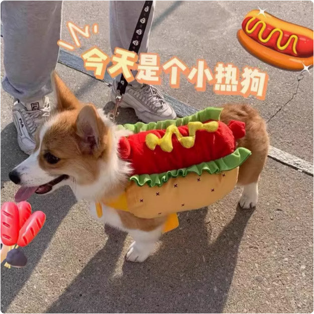 犬用のハンバーガー風衣装・ホットドッグ風衣装で、面白くておかしいペット用変身衣装。ドーベルマン、コーギー、猫などに適した、アウトドア用の可愛い衣装。