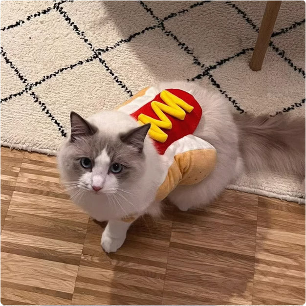 犬用のハンバーガー風衣装・ホットドッグ風衣装で、面白くておかしいペット用変身衣装。ドーベルマン、コーギー、猫などに適した、アウトドア用の可愛い衣装。