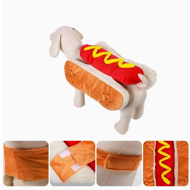 犬用のハンバーガー風衣装・ホットドッグ風衣装で、面白くておかしいペット用変身衣装。ドーベルマン、コーギー、猫などに適した、アウトドア用の可愛い衣装。