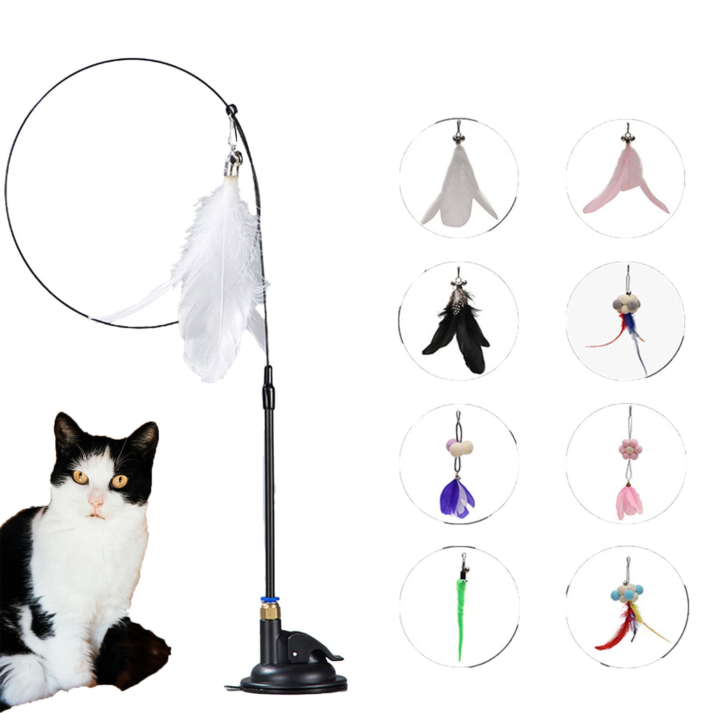 猫用インタラクティブおもちゃ 羽毛&鈴付き猫じゃらし伸縮棒強力吸盤付き交換可能ヘッドパズル噛みつきおもちゃ子猫やペット用の楽しく耐久性のある玩具
