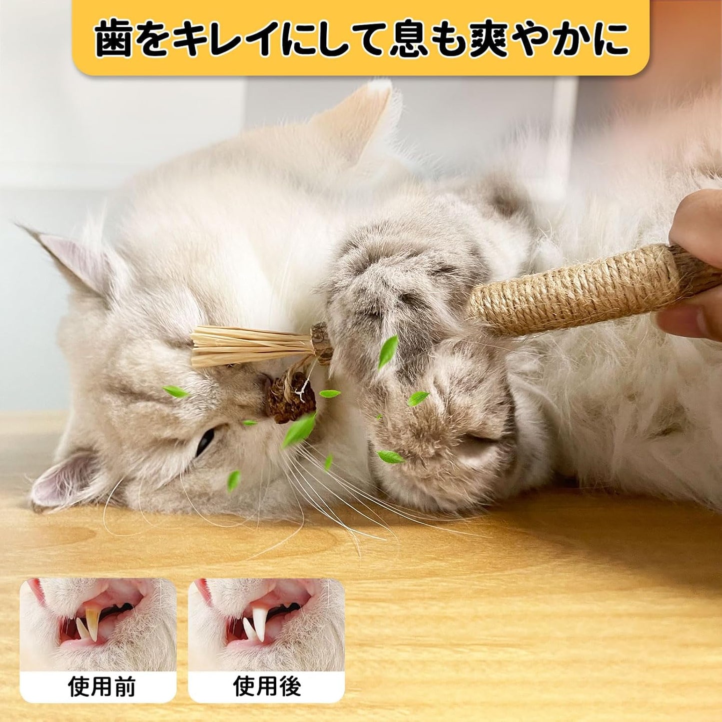 猫の噛むおもちゃ、歯のクリーニング、グラインドスティック、マタタビ、天然木、ヘンプロープ、4パック、天然で安全、噛むスティック、歯科クリーニング、非毒性、減量、運動サプリメント、ストレス解消