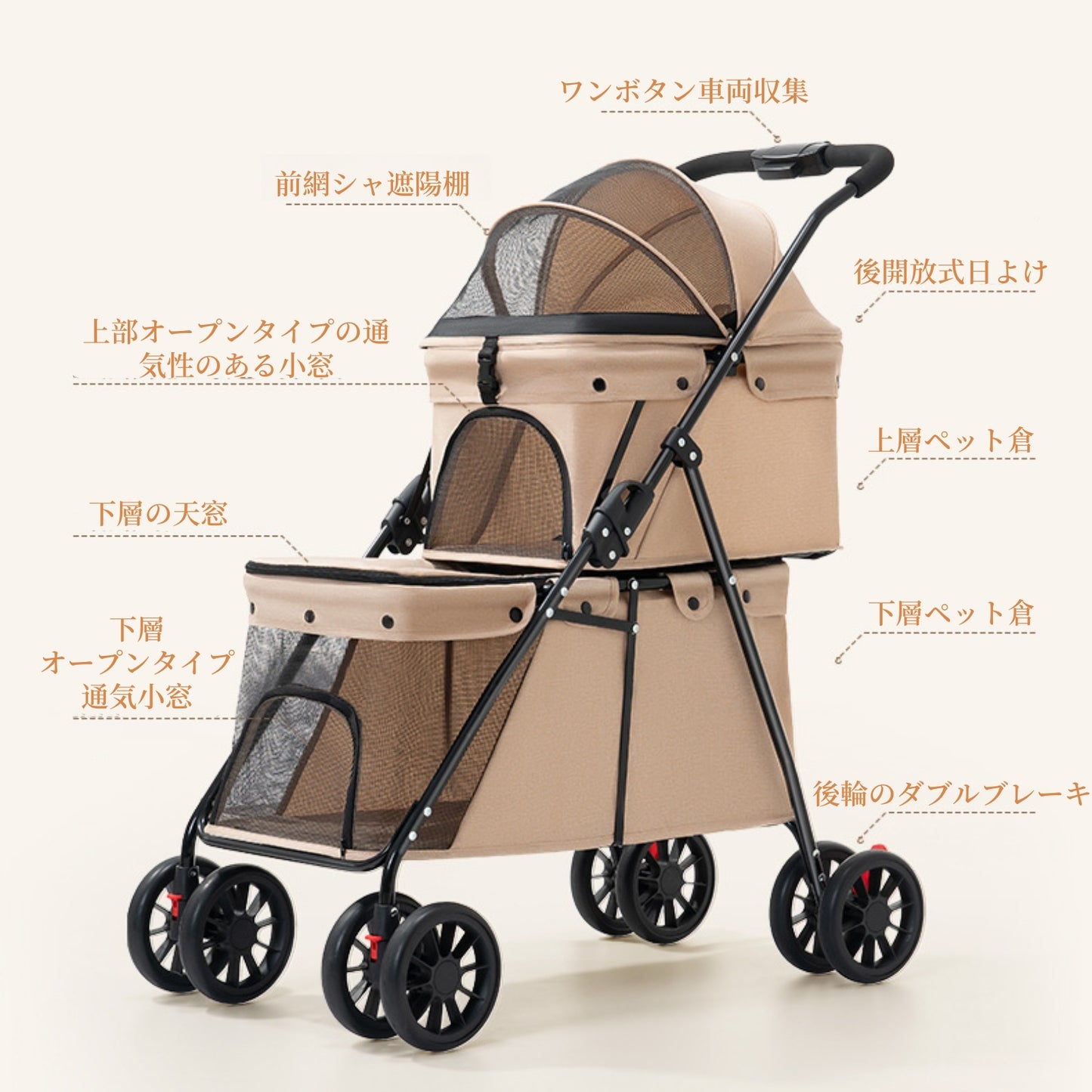 二重ペットカート 外出に便利で折りたたみ可能な犬と猫の越境卸売小型ペット用屋外手押しカート
