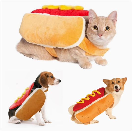 犬用のハンバーガー風衣装・ホットドッグ風衣装で、面白くておかしいペット用変身衣装。ドーベルマン、コーギー、猫などに適した、アウトドア用の可愛い衣装。