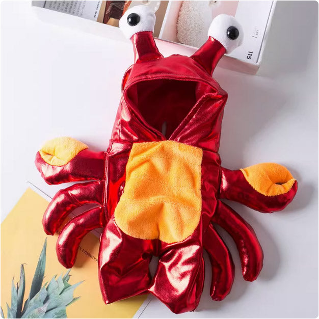 ハロウィン用新ペット衣装（犬・猫向け） ギャグなカニ変身コスチューム（立体立ち姿対応・帽子付き）＆エビデザインアレンジ装
