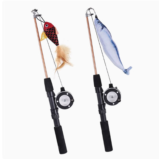 可伸縮式の猫じゃらし 釣り竿タイプ 長尺羽根付き インタラクティブ 小魚付き交換式 猫の退屈解消玩具