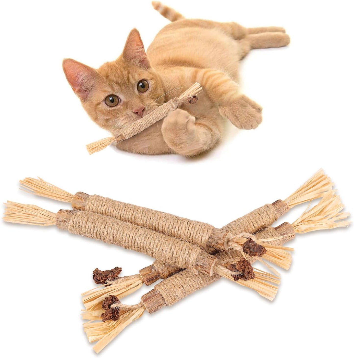 猫の噛むおもちゃ、歯のクリーニング、グラインドスティック、マタタビ、天然木、ヘンプロープ、4パック、天然で安全、噛むスティック、歯科クリーニング、非毒性、減量、運動サプリメント、ストレス解消